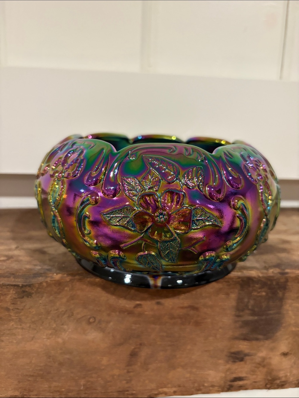 Fenton Iridescent “Wild Rose” Purple and Green Floral Carnival Glass Bowl